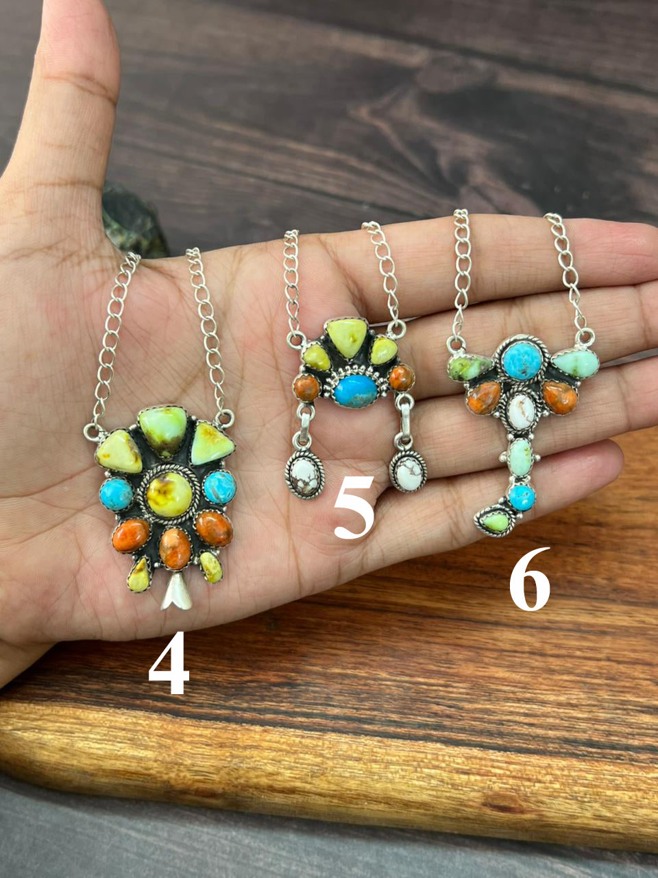 Handmade Sterling Silver Multi Stone Collection: Palomino with Orange Mojave, Wildhorse Magnesite and Arizona Blue Turquoise Necklace "Signed Nizhoni"
