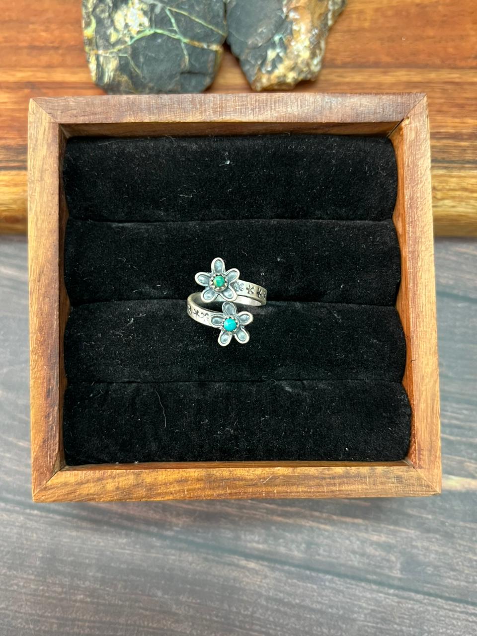Handmade Sterling Silver Flower Collection: Kingman Turquoise Adjustable Ring "Signed Nizhoni" (2)