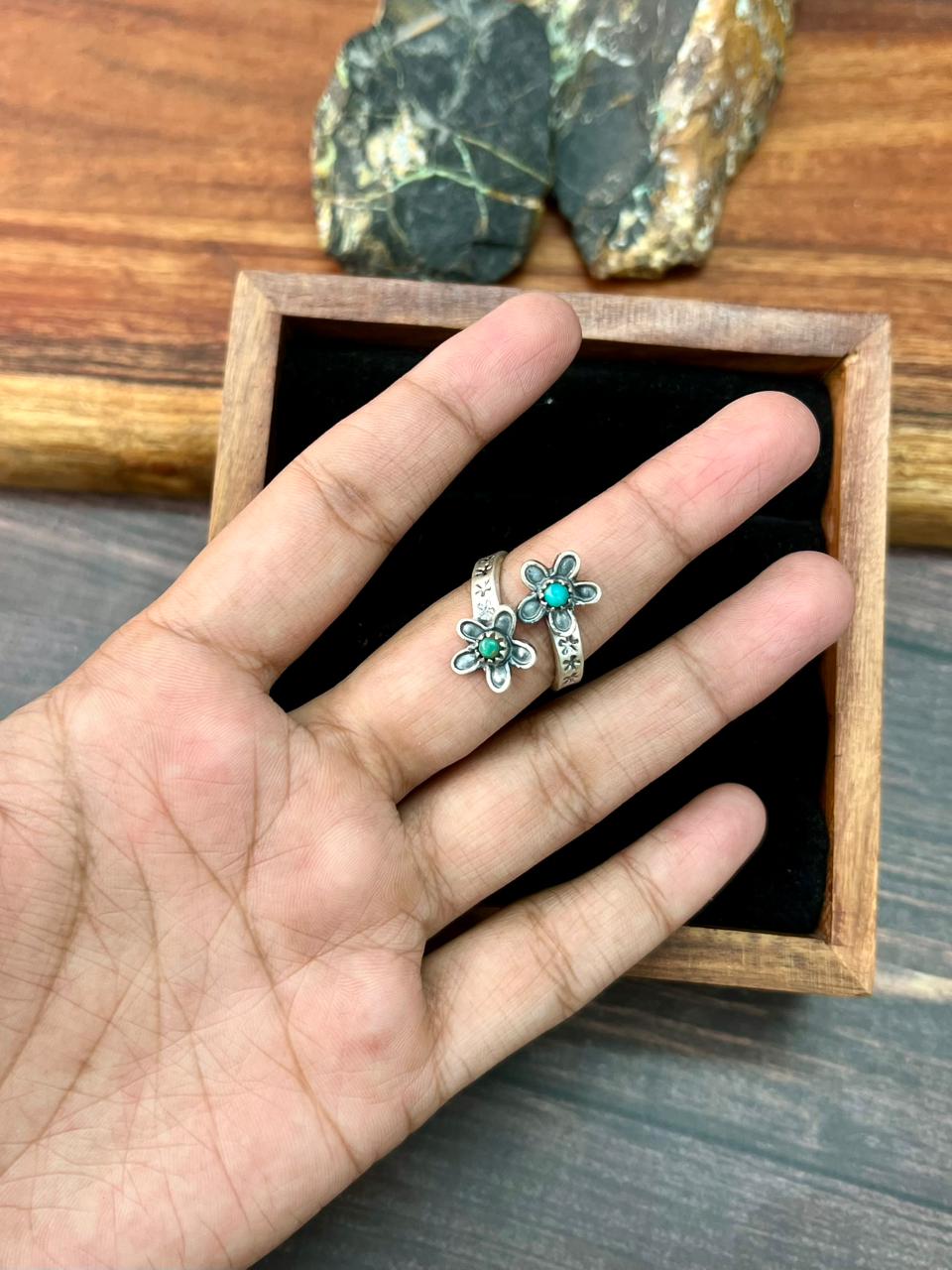 Handmade Sterling Silver Flower Collection: Kingman Turquoise Adjustable Ring "Signed Nizhoni" (2)