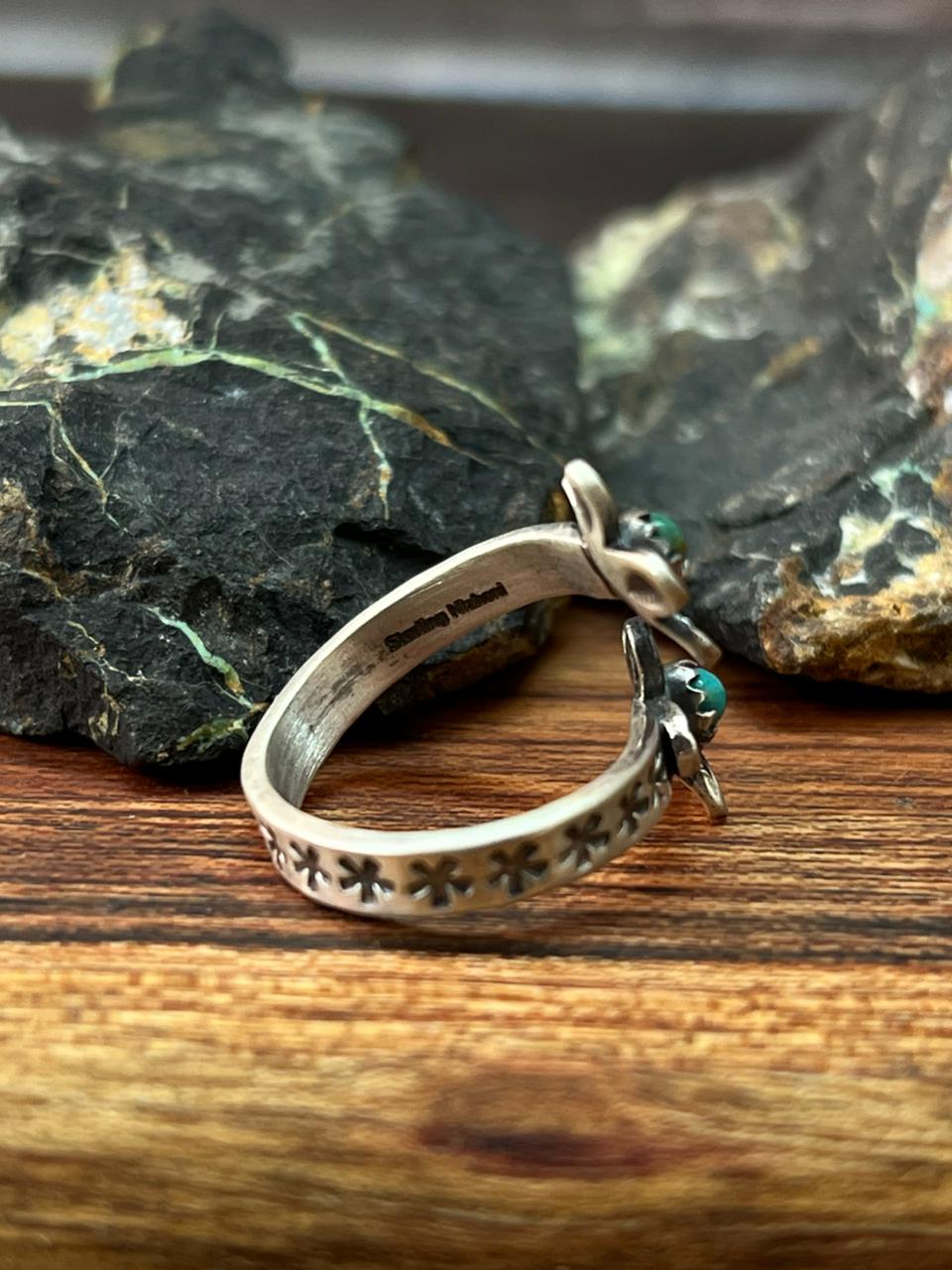 Handmade Sterling Silver Flower Collection: Kingman Turquoise Adjustable Ring "Signed Nizhoni" (2)