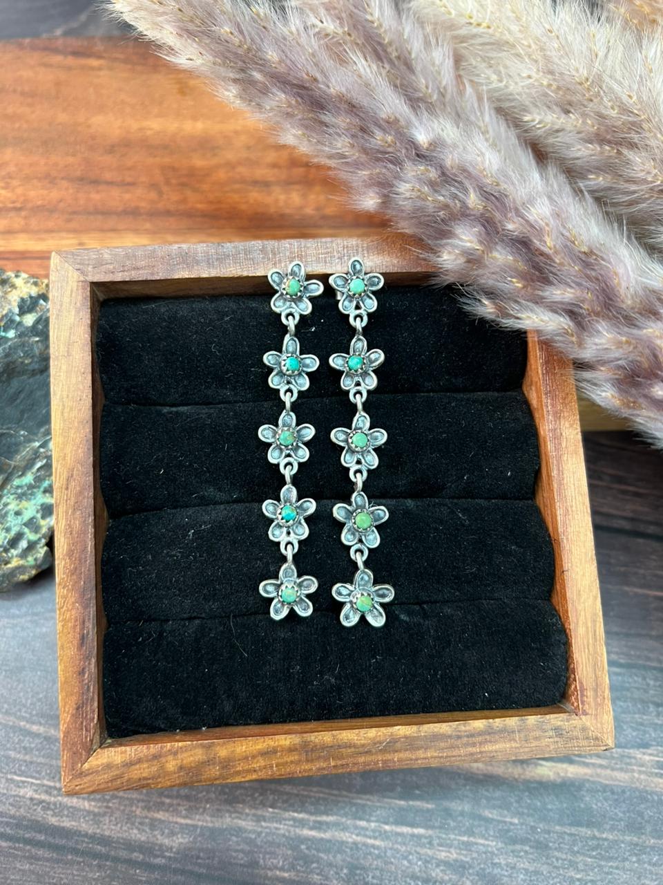 Handmade Sterling Silver Flower Collection: Kingman Turquoise Post Dangle Earrings "Signed Nizhoni" (5)