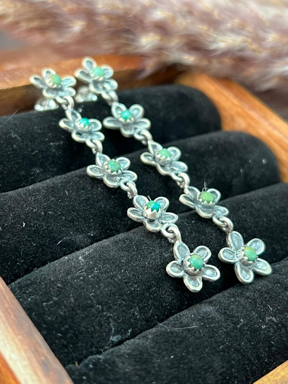 Handmade Sterling Silver Flower Collection: Kingman Turquoise Post Dangle Earrings "Signed Nizhoni" (5)