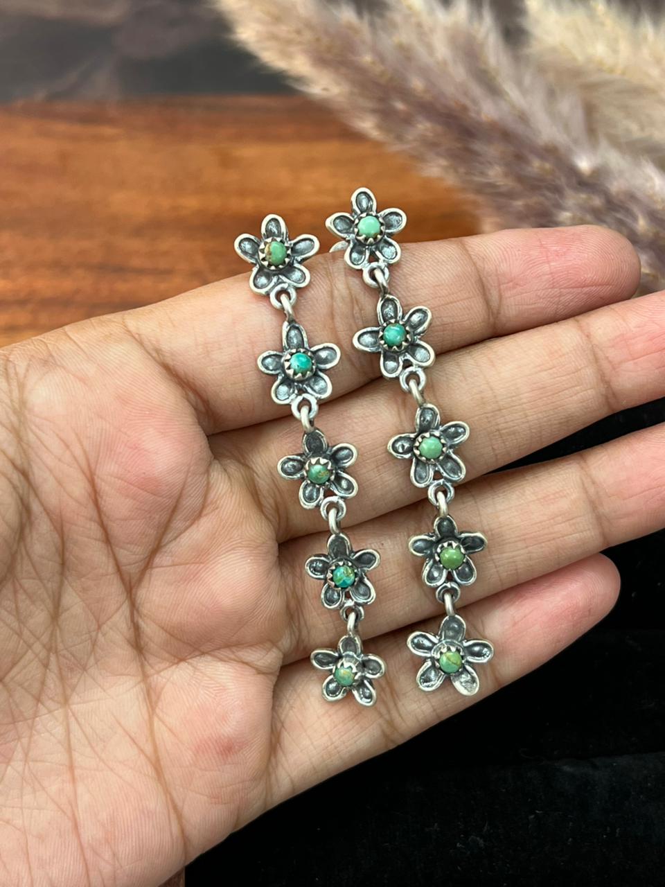 Handmade Sterling Silver Flower Collection: Kingman Turquoise Post Dangle Earrings "Signed Nizhoni" (5)