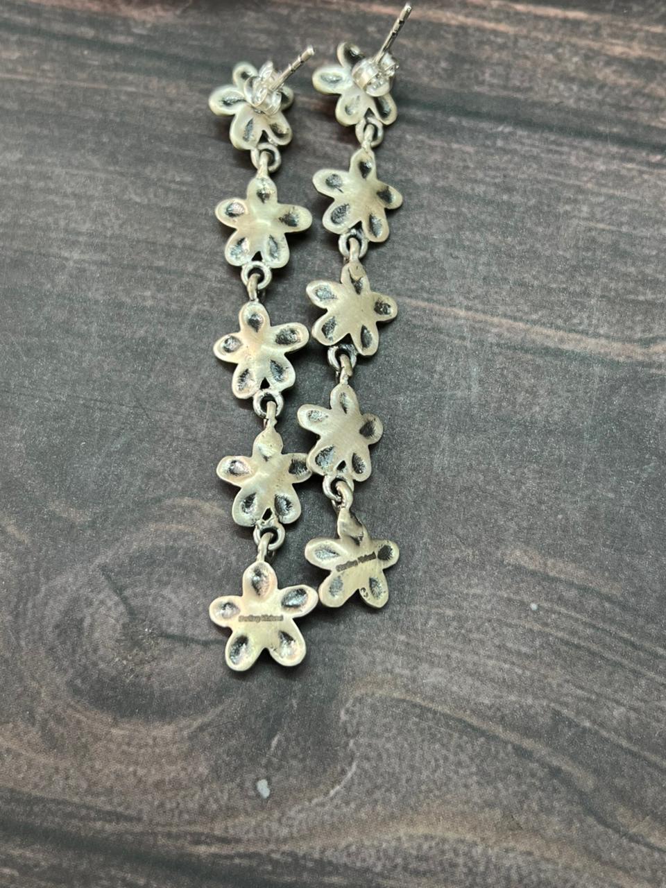 Handmade Sterling Silver Flower Collection: Kingman Turquoise Post Dangle Earrings "Signed Nizhoni" (5)