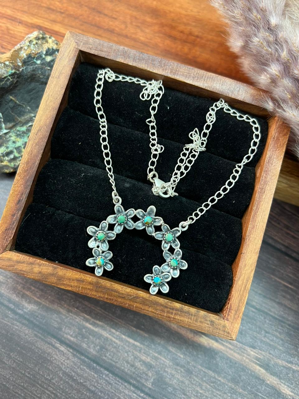 Handmade Sterling Silver Flower Collection: Kingman Turquoise Naja Necklace "Signed Nizhoni" (4)