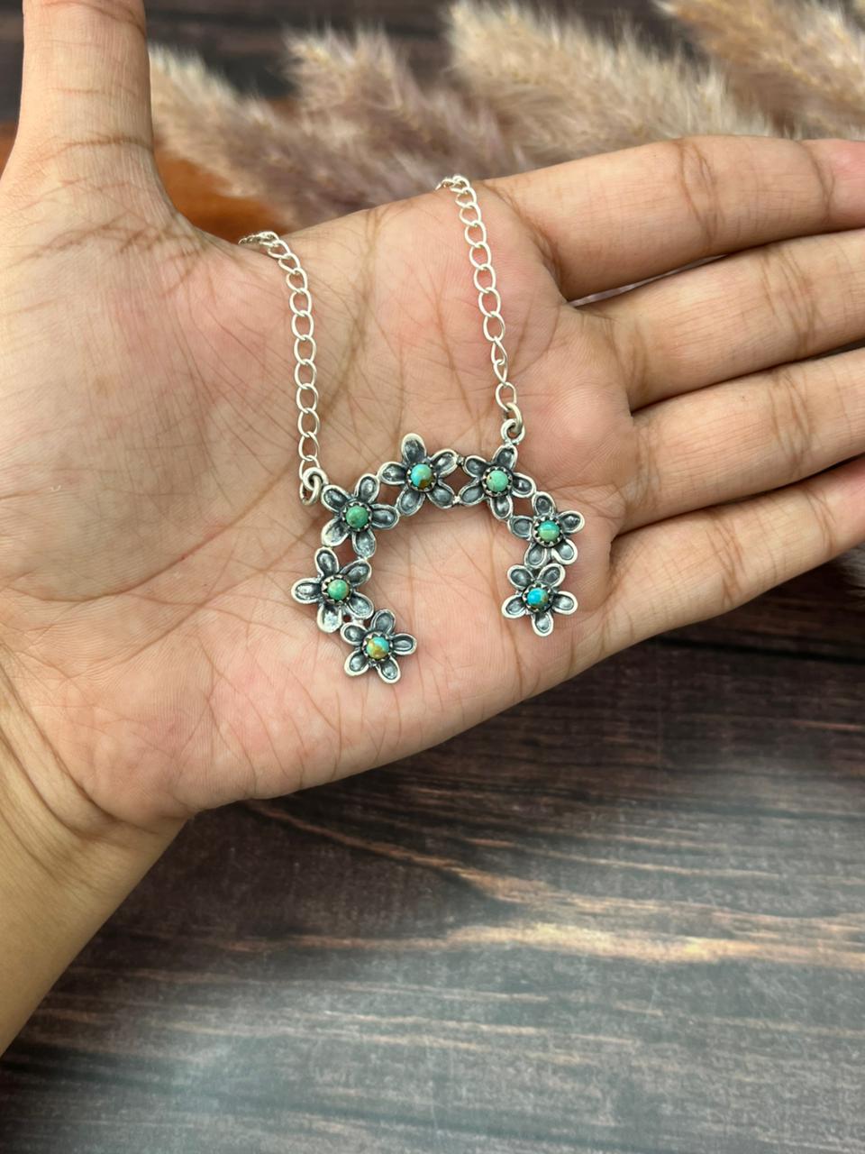 Handmade Sterling Silver Flower Collection: Kingman Turquoise Naja Necklace "Signed Nizhoni" (4)