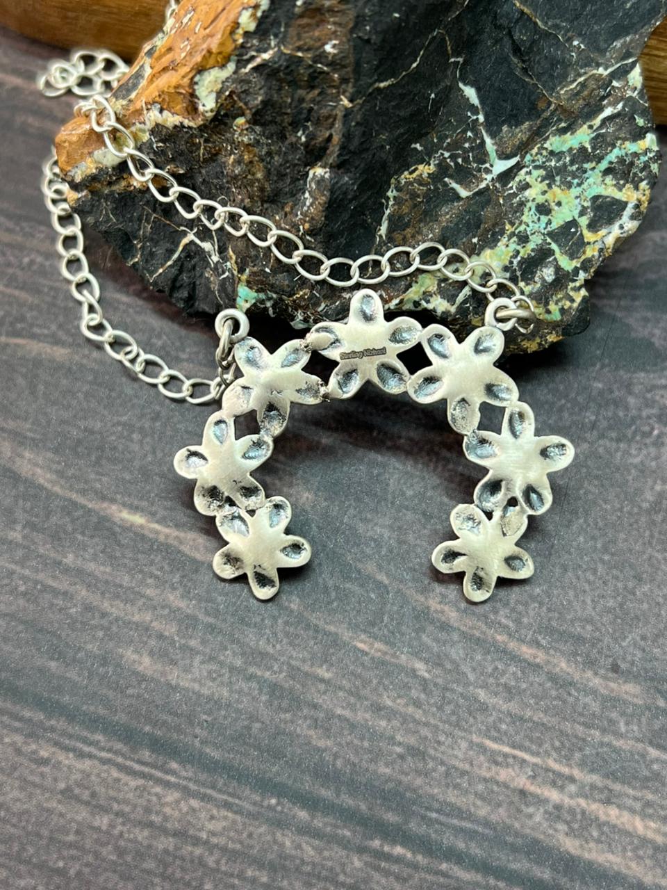 Handmade Sterling Silver Flower Collection: Kingman Turquoise Naja Necklace "Signed Nizhoni" (4)