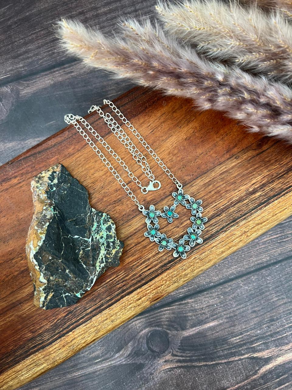 Handmade Sterling Silver Flower Collection: Kingman Turquoise Heart Necklace "Signed Nizhoni" (8)