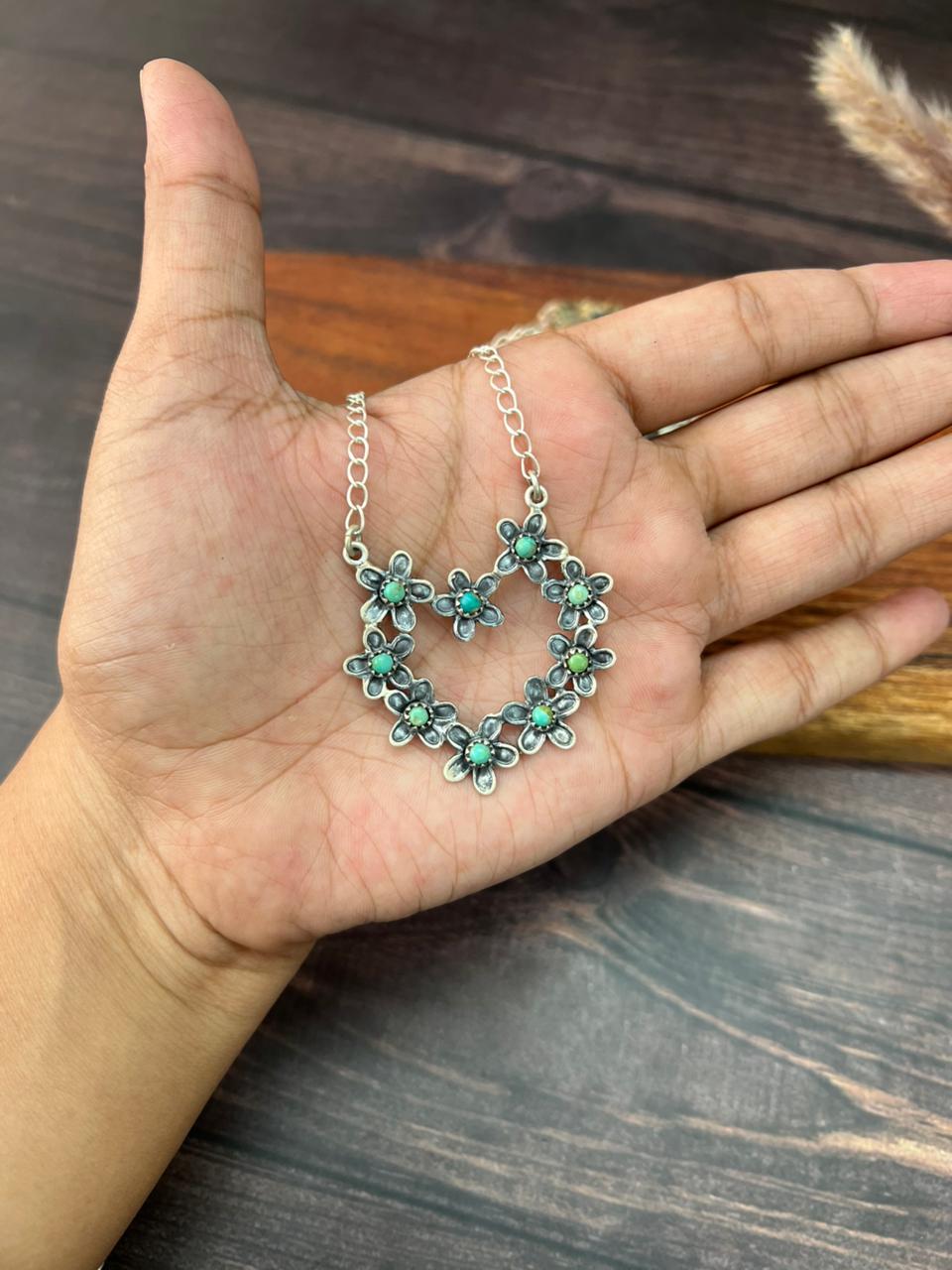 Handmade Sterling Silver Flower Collection: Kingman Turquoise Heart Necklace "Signed Nizhoni" (8)