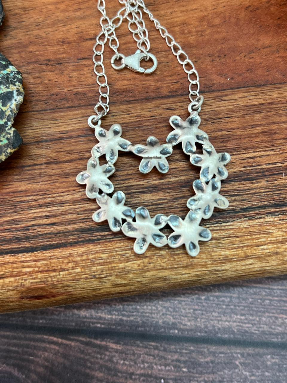Handmade Sterling Silver Flower Collection: Kingman Turquoise Heart Necklace "Signed Nizhoni" (8)