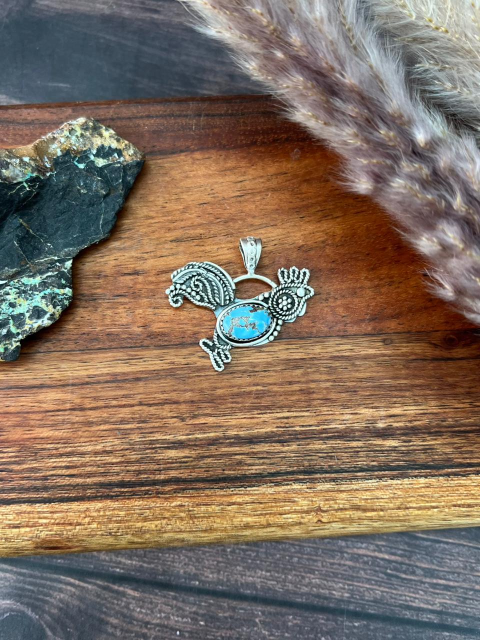 Handmade Sterling Silver Golden Hills Turquoise Rooster Pendant "Signed Nizhoni"