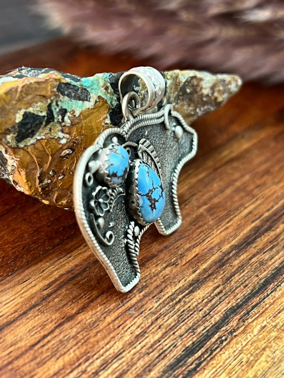 Handmade Sterling Silver Golden Hills Turquoise Bear Pendant "Signed Nizhoni"