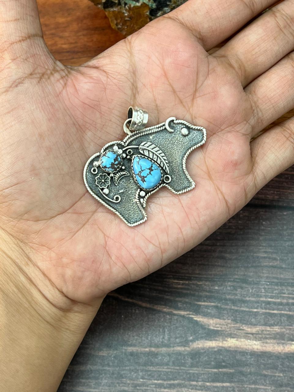 Handmade Sterling Silver Golden Hills Turquoise Bear Pendant "Signed Nizhoni"