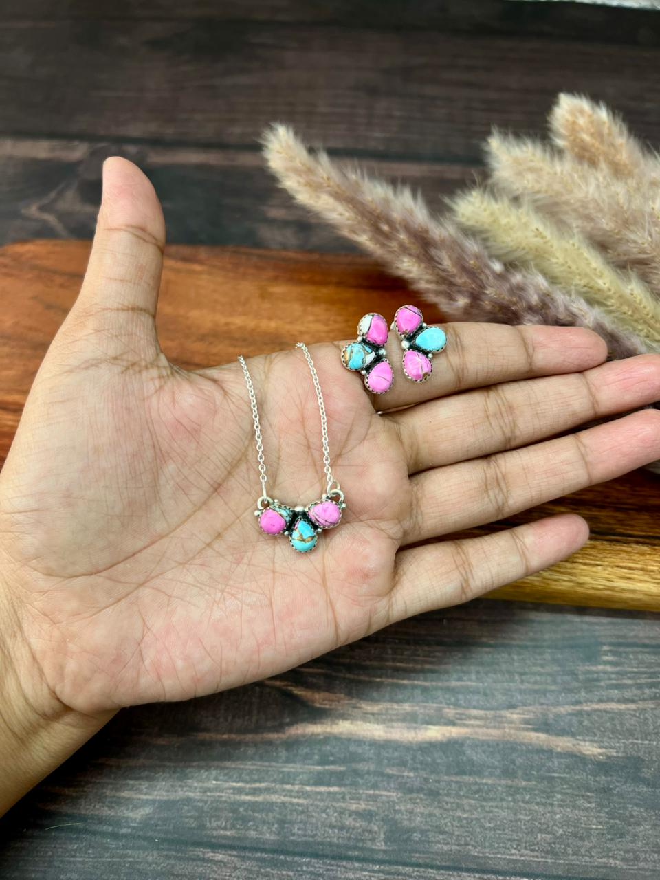 Handmade Sterling Silver Cotton Candy Necklace Earrings Set "Signed Nizhoni"