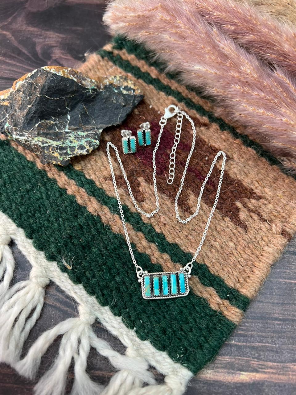 Handmade Sterling Silver Kingman Turquoise Bar Necklace Earrings Set "Signed Nizhoni"