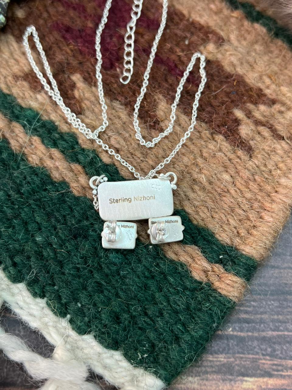 Handmade Sterling Silver Kingman Turquoise Bar Necklace Earrings Set "Signed Nizhoni"
