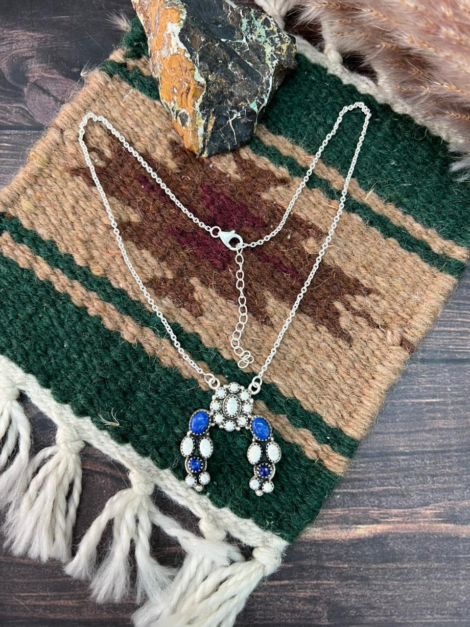 Handmade Sterling Silver White Buffalo with Lapis Naja Necklace "Signed Nizhoni"