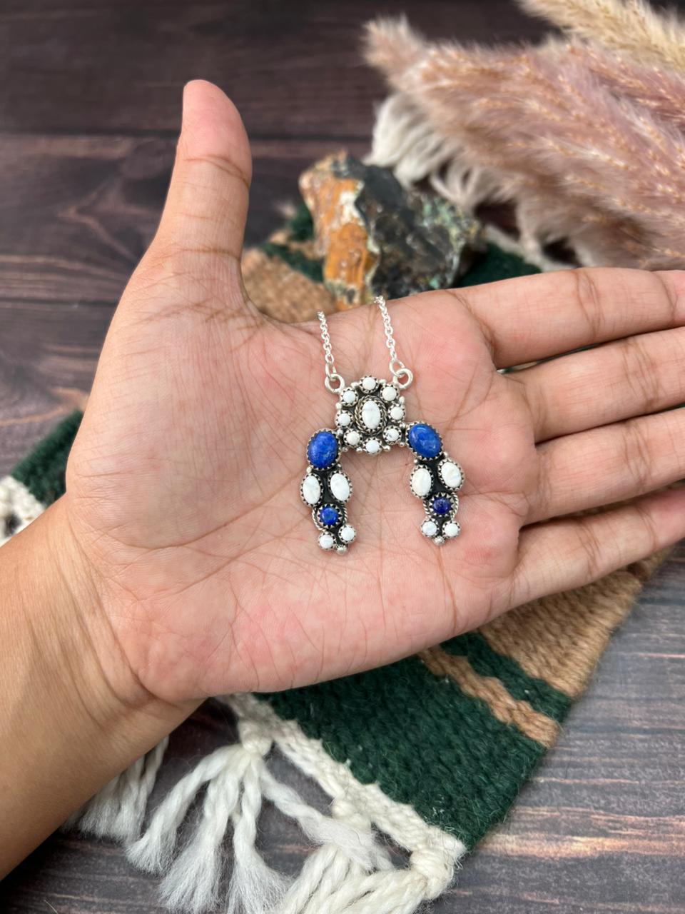 Handmade Sterling Silver White Buffalo with Lapis Naja Necklace "Signed Nizhoni"