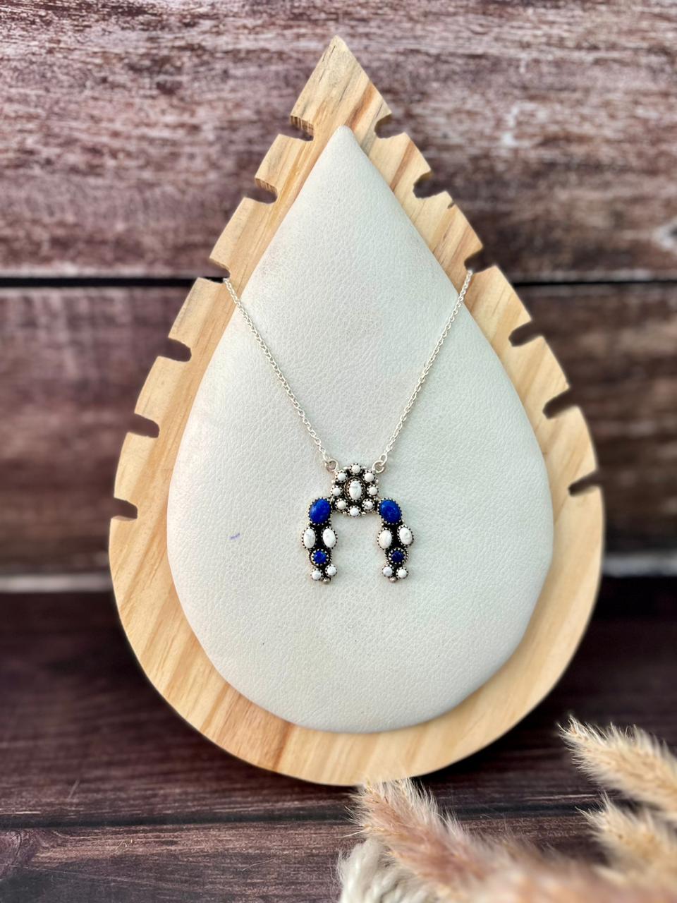 Handmade Sterling Silver White Buffalo with Lapis Naja Necklace "Signed Nizhoni"