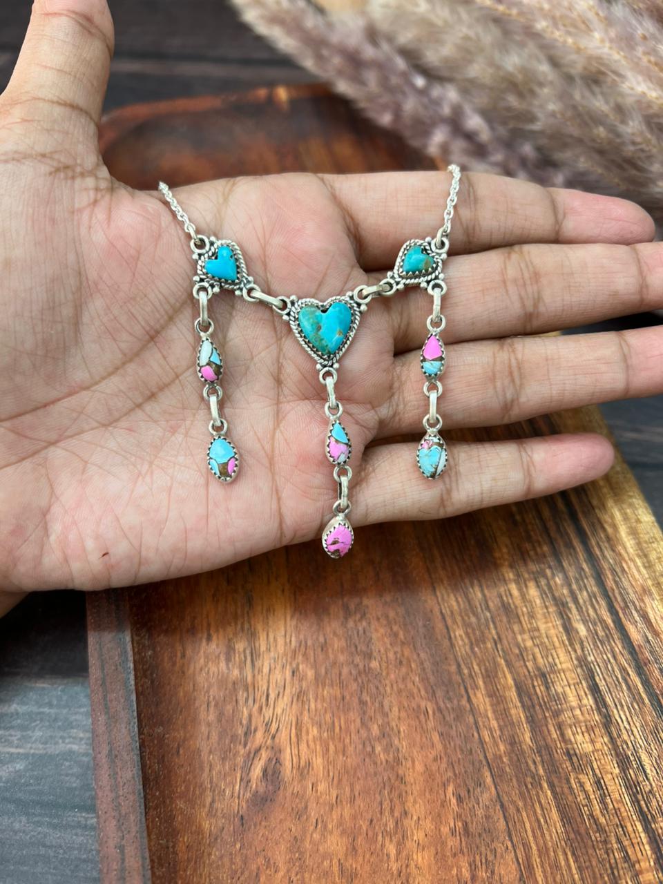 Handmade Sterling Silver Kingman Turquoise with Cotton Candy Heart Necklace "Signed Nizhoni"