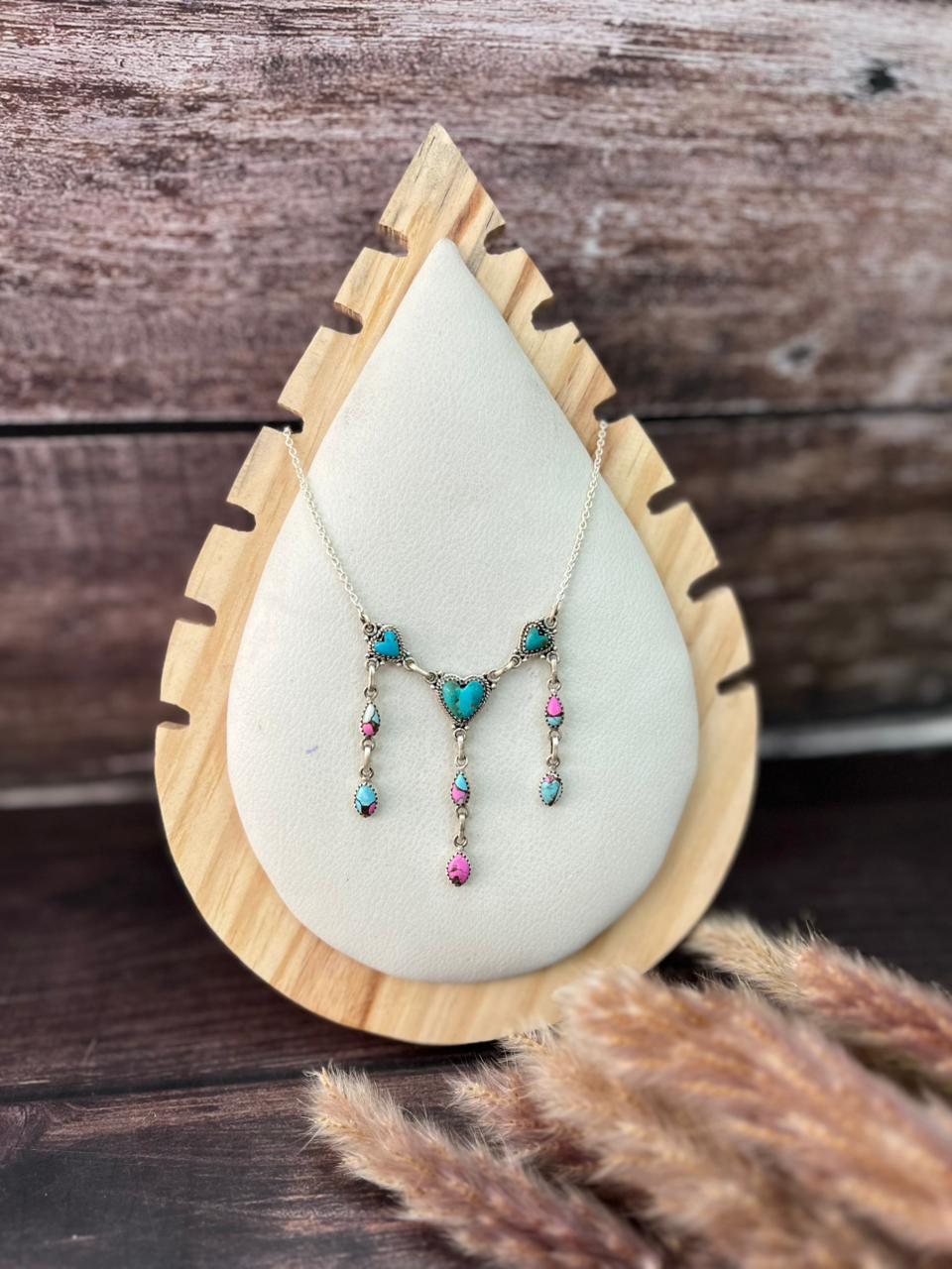 Handmade Sterling Silver Kingman Turquoise with Cotton Candy Heart Necklace "Signed Nizhoni"