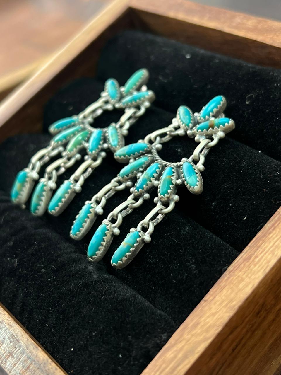 Handmade Sterling Silver Kingman Turquoise Post Dangle Earrings "Signed Nizhoni"