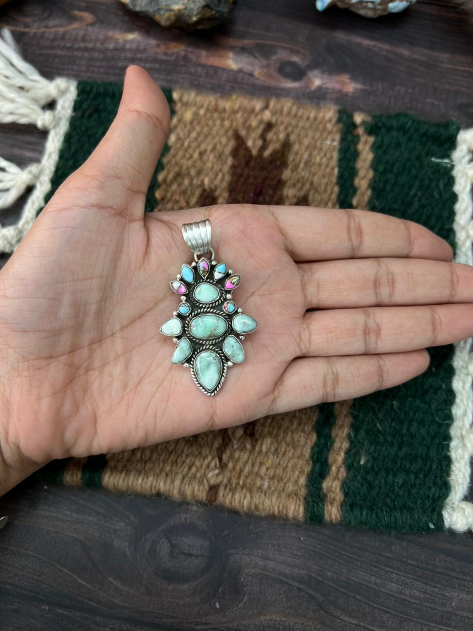 Handmade Sterling Silver Paloma Turquoise with Cotton Candy Pendant "Signed Nizhoni"
