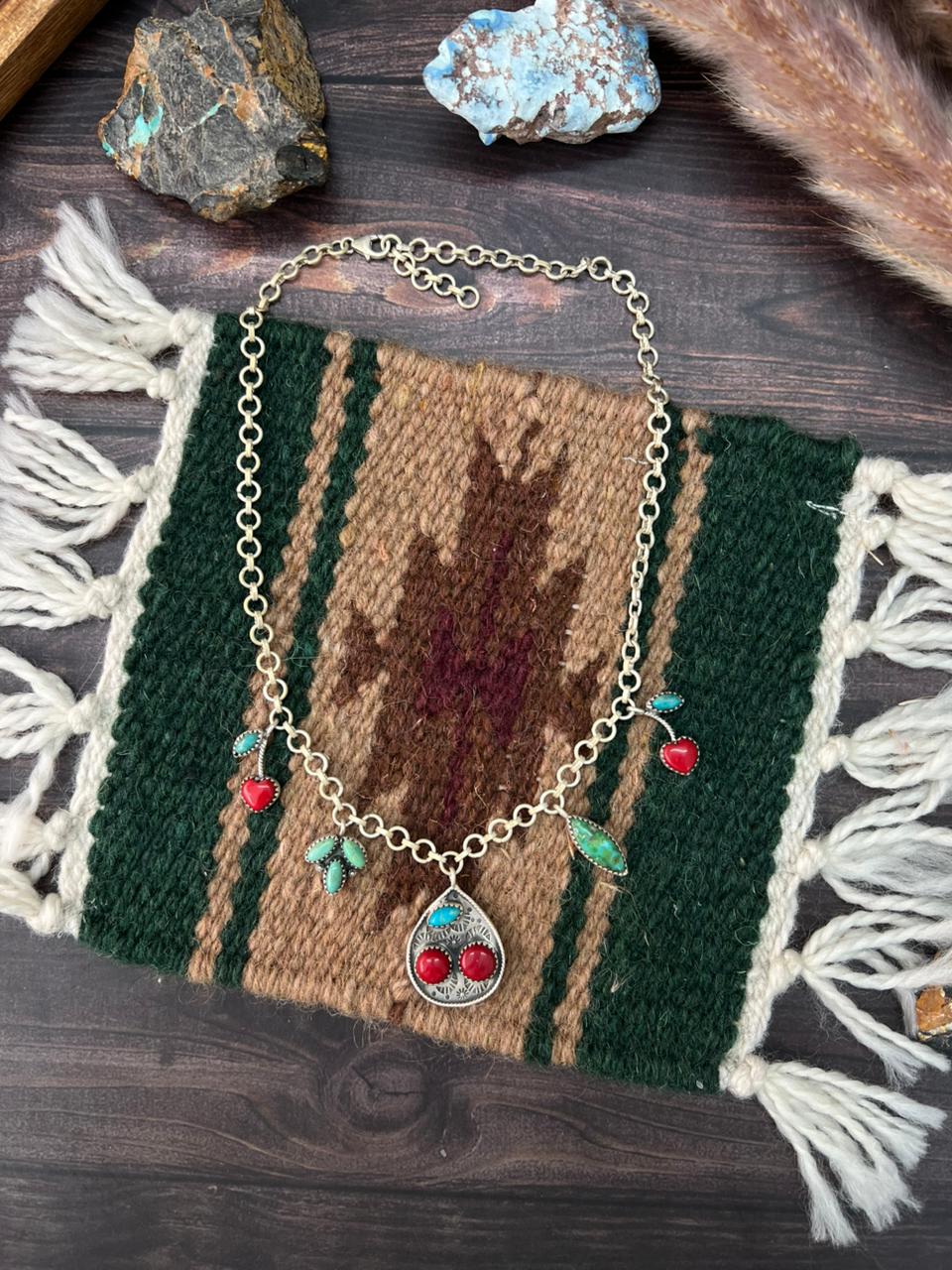 Handmade Sterling Silver Kingman with Sonoran Mountain Turquoise and Rosarita Cherry Necklace "Signed Nizhoni"