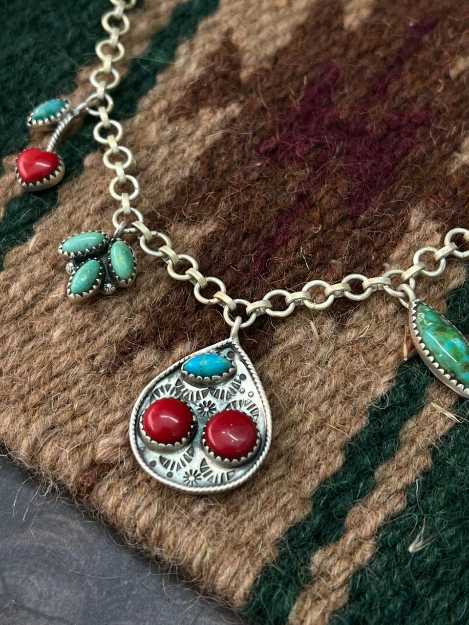 Handmade Sterling Silver Kingman with Sonoran Mountain Turquoise and Rosarita Cherry Necklace "Signed Nizhoni"