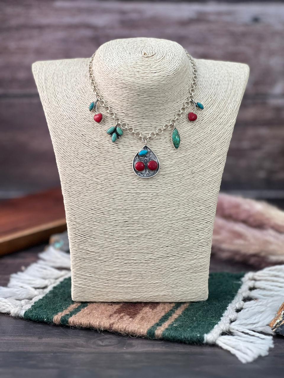 Handmade Sterling Silver Kingman with Sonoran Mountain Turquoise and Rosarita Cherry Necklace "Signed Nizhoni"