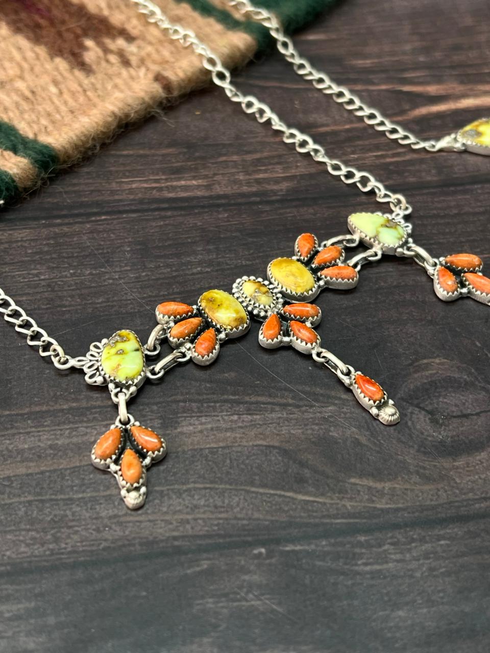 Handmade Sterling Silver Palomino Turquoise with Orange Mojave Choker Necklace "Signed Nizhoni"