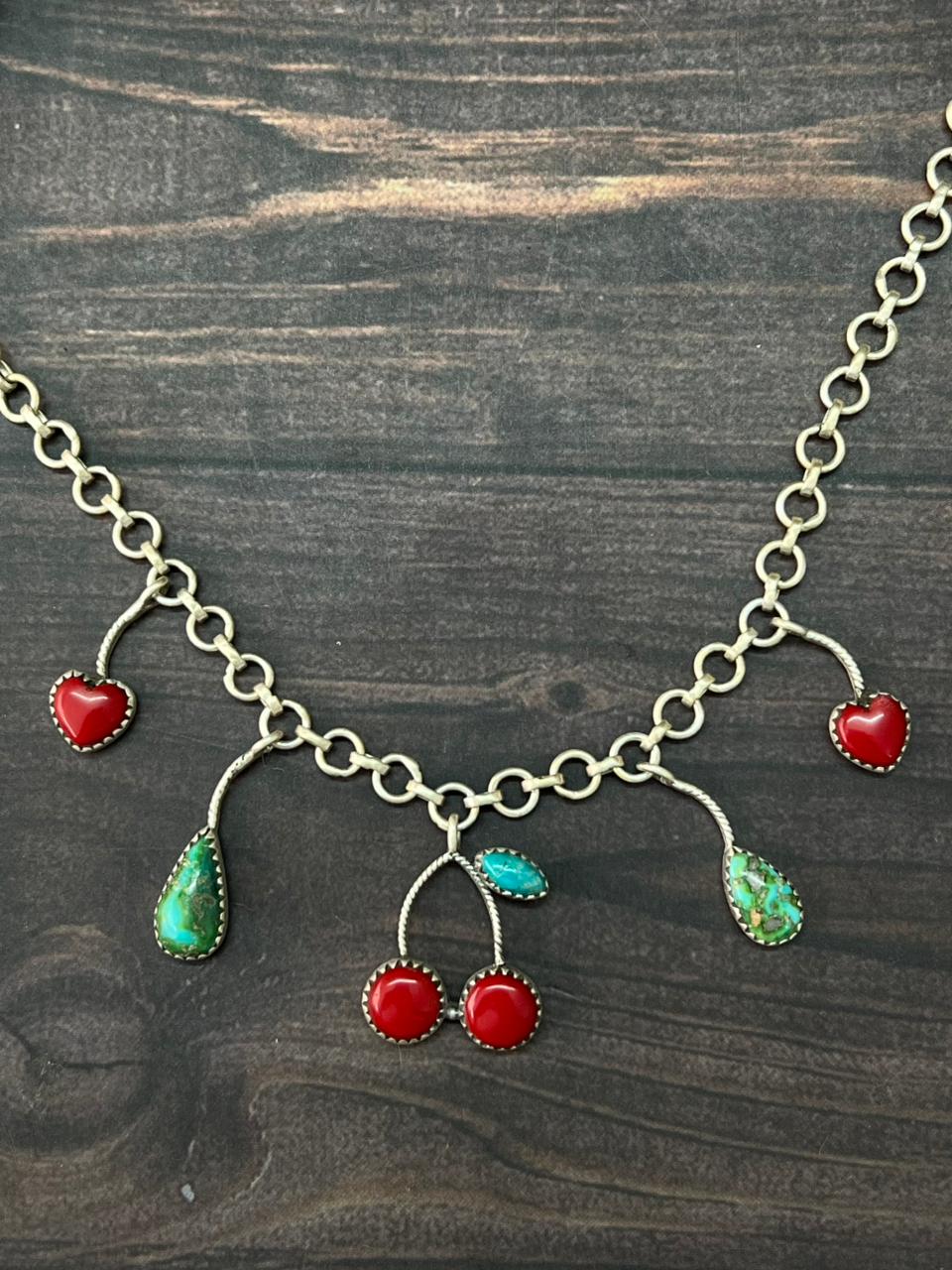 Handmade Sterling Silver Kingman with Sonoran Mountain Turquoise and Rosarita Cherry Necklace "Signed Nizhoni"