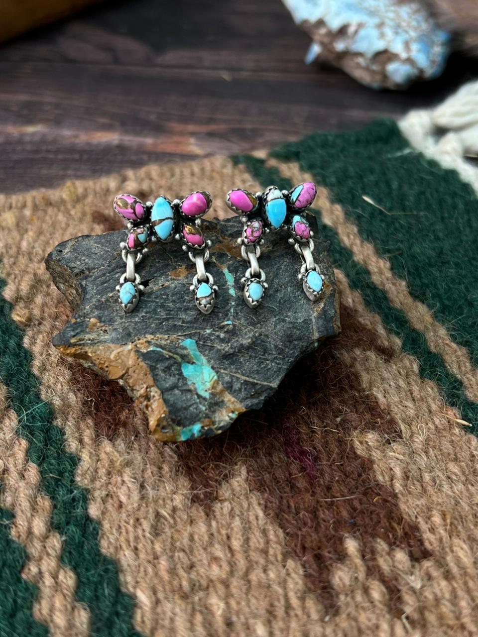 Handmade Sterling Silver Cotton Candy Post Dangle Butterfly Earrings "Signed Nizhoni"