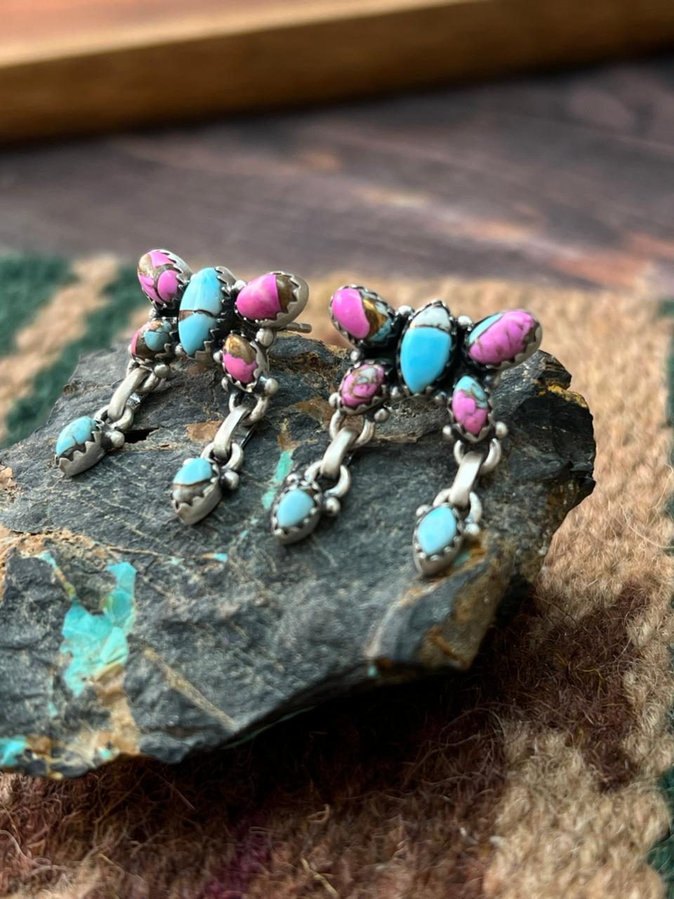 Handmade Sterling Silver Cotton Candy Post Dangle Butterfly Earrings "Signed Nizhoni"
