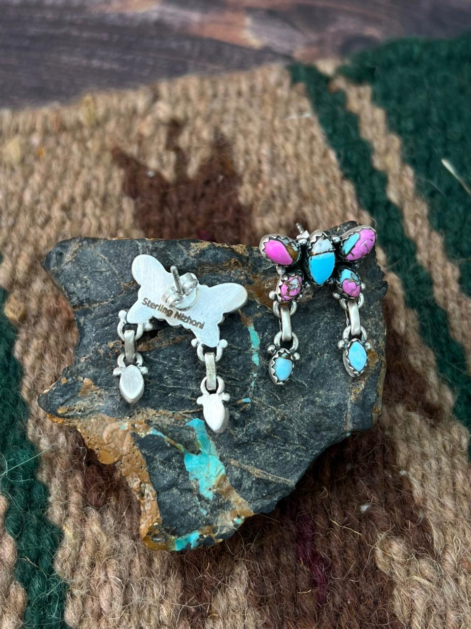 Handmade Sterling Silver Cotton Candy Post Dangle Butterfly Earrings "Signed Nizhoni"