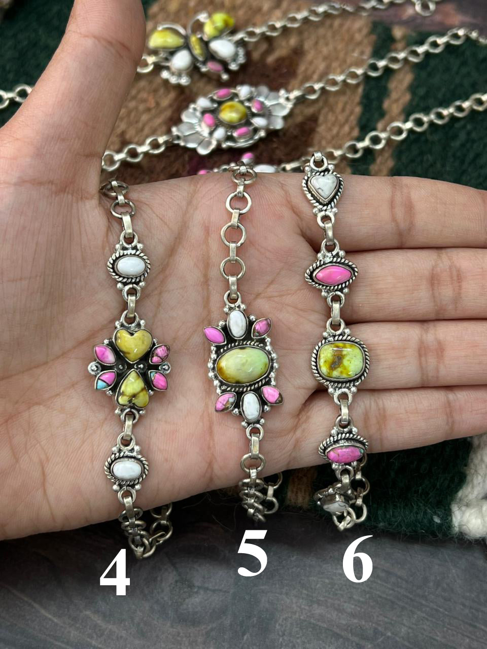 Handmade Sterling Silver Spring Collection: Palomino Turquoise with Cotton Candy and White Buffalo Chain Bracelet "Signed Nizhoni"