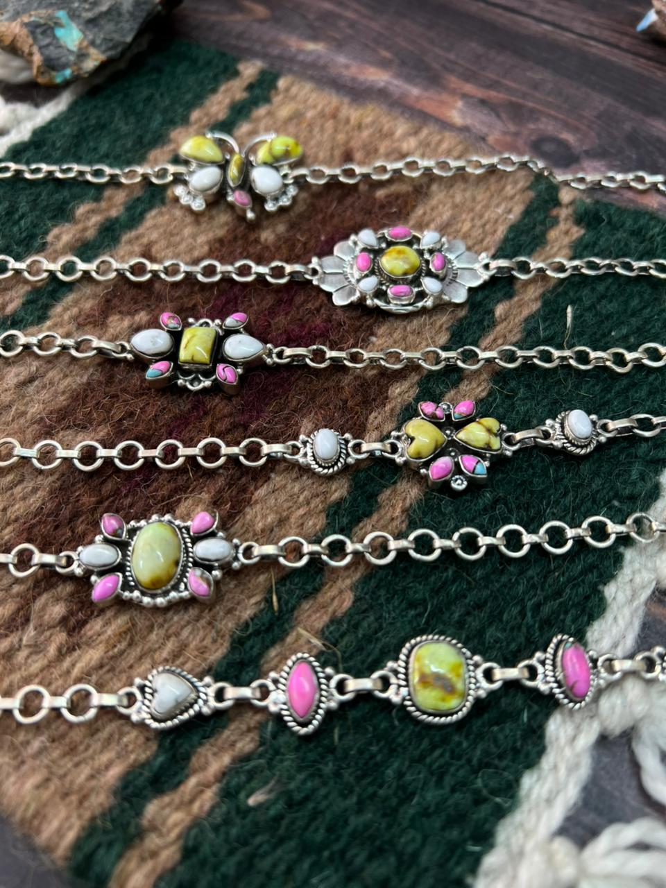 Handmade Sterling Silver Spring Collection: Palomino Turquoise with Cotton Candy and White Buffalo Chain Bracelet "Signed Nizhoni"