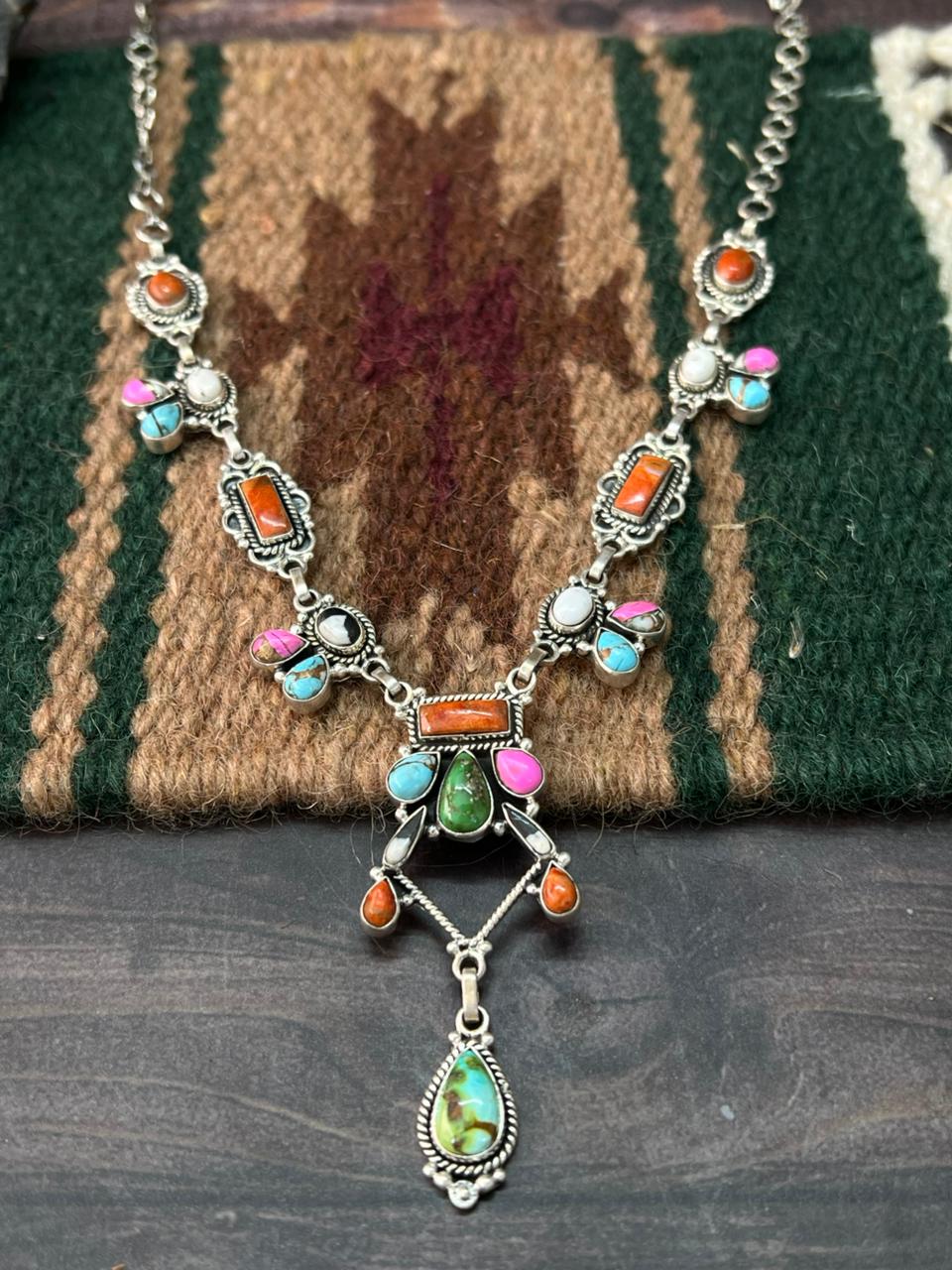 Handmade Sterling Silver Spring Collection: Sonoran Mountain with Orange Mojave, Cotton Candy and White Buffalo Necklace "Signed Nizhoni"