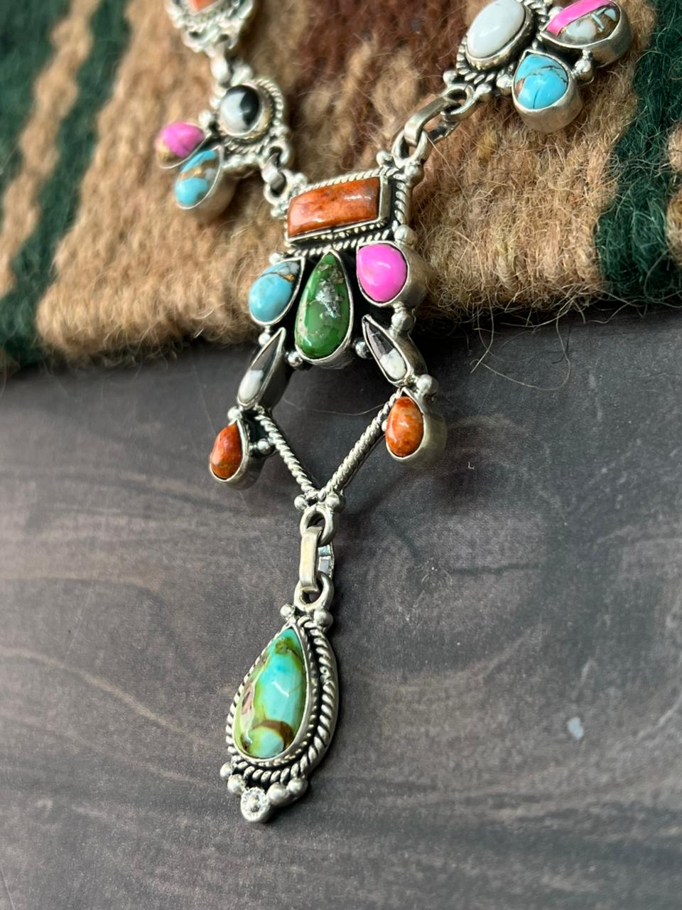 Handmade Sterling Silver Spring Collection: Sonoran Mountain with Orange Mojave, Cotton Candy and White Buffalo Necklace "Signed Nizhoni"