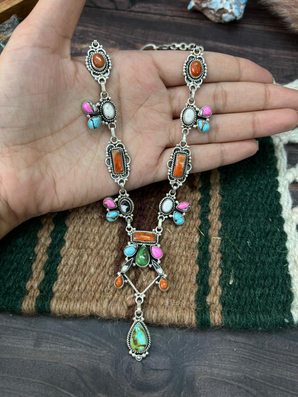 Handmade Sterling Silver Spring Collection: Sonoran Mountain with Orange Mojave, Cotton Candy and White Buffalo Necklace "Signed Nizhoni"