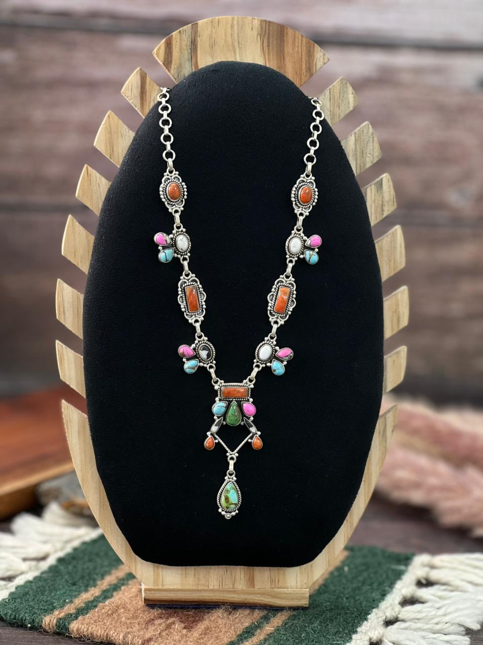 Handmade Sterling Silver Spring Collection: Sonoran Mountain with Orange Mojave, Cotton Candy and White Buffalo Necklace "Signed Nizhoni"