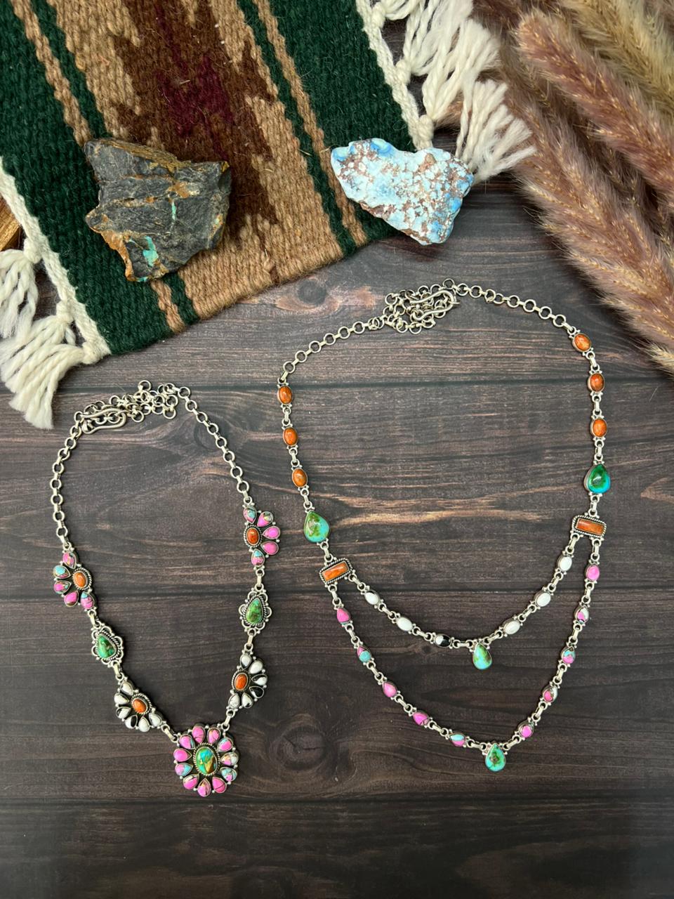 Handmade Sterling Silver Spring Collection: Sonoran Mountain with Orange Mojave, Cotton Candy and White Buffalo Necklace "Signed Nizhoni"