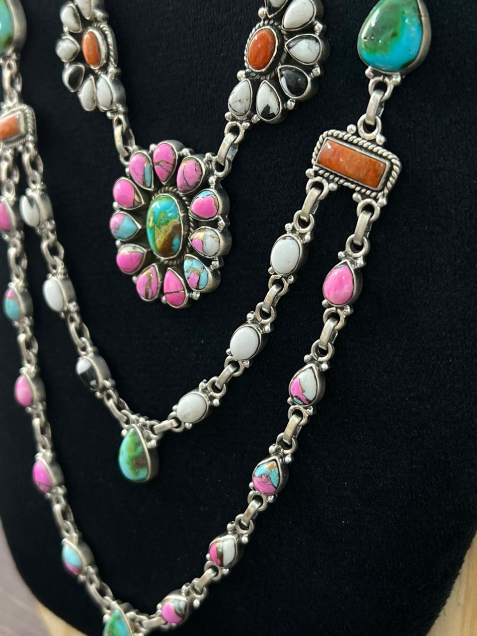 Handmade Sterling Silver Spring Collection: Sonoran Mountain with Orange Mojave, Cotton Candy and White Buffalo Necklace "Signed Nizhoni"