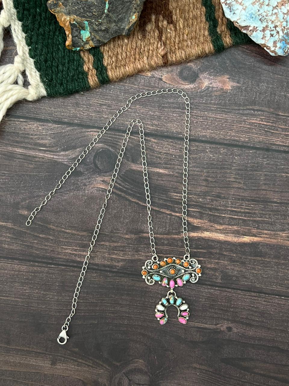 Handmade Sterling Silver Cotton Candy with Orange Mojave Naja Necklace "Signed Nizhoni"