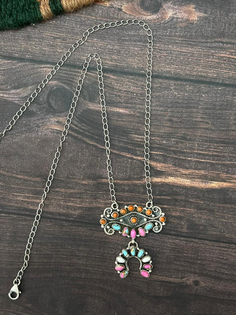 Handmade Sterling Silver Cotton Candy with Orange Mojave Naja Necklace "Signed Nizhoni"