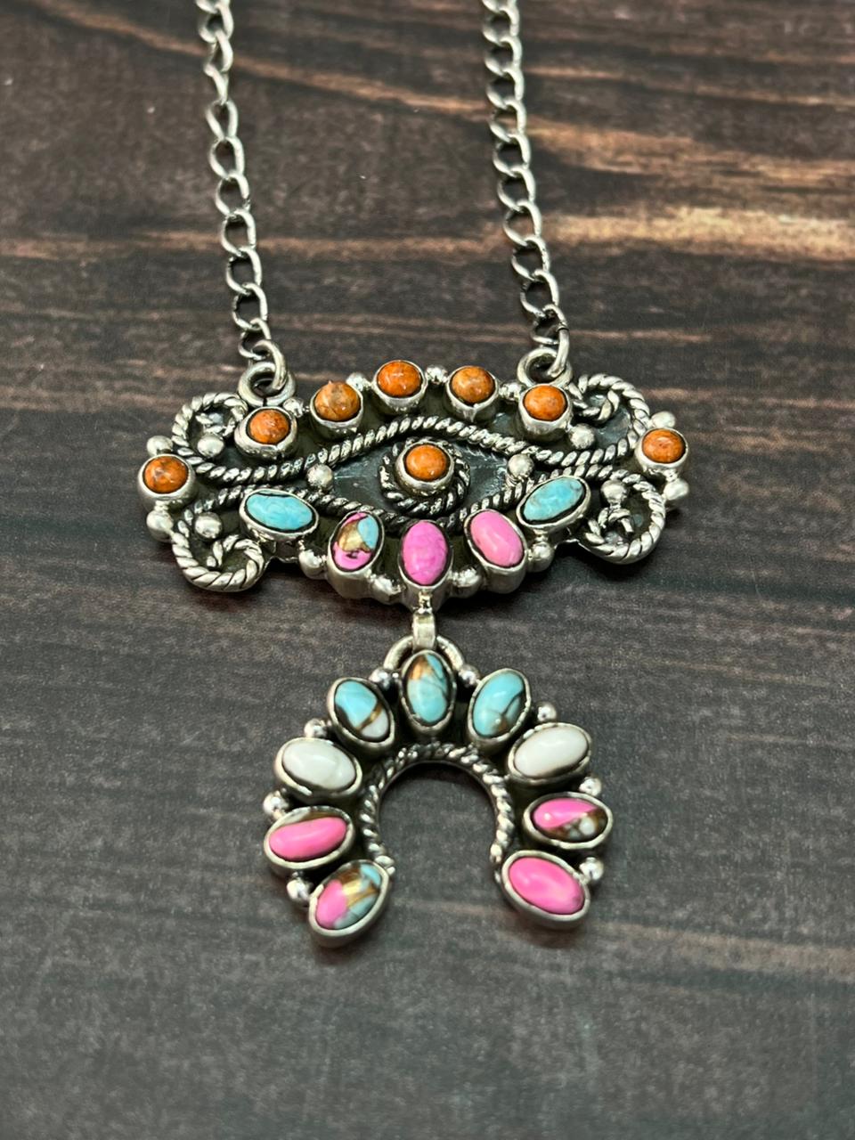 Handmade Sterling Silver Cotton Candy with Orange Mojave Naja Necklace "Signed Nizhoni"