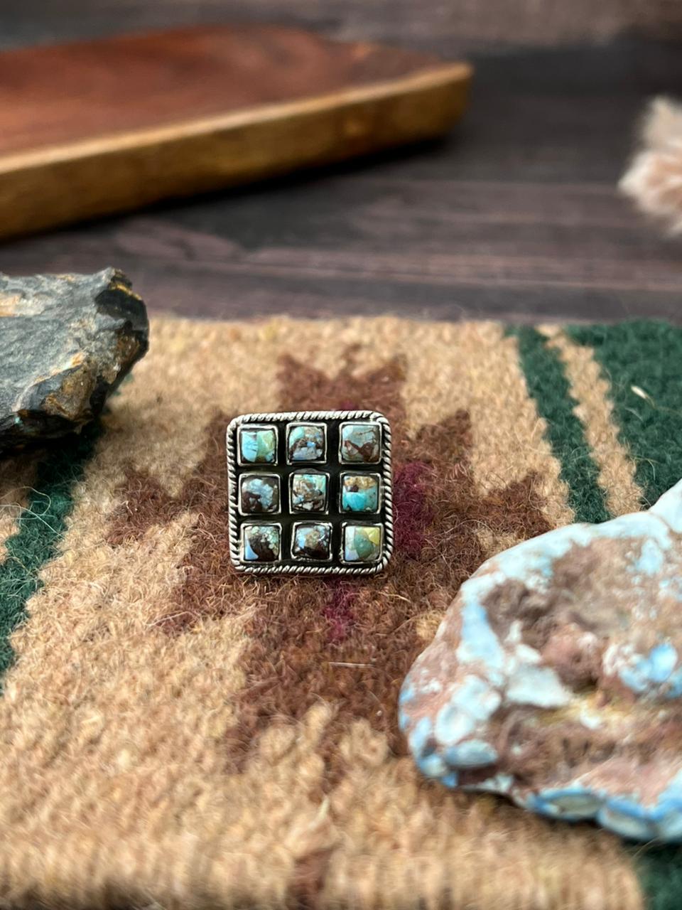 Handmade Sterling Silver Matrix Golden Hills Turquoise Adjustable Ring "Signed Nizhoni"