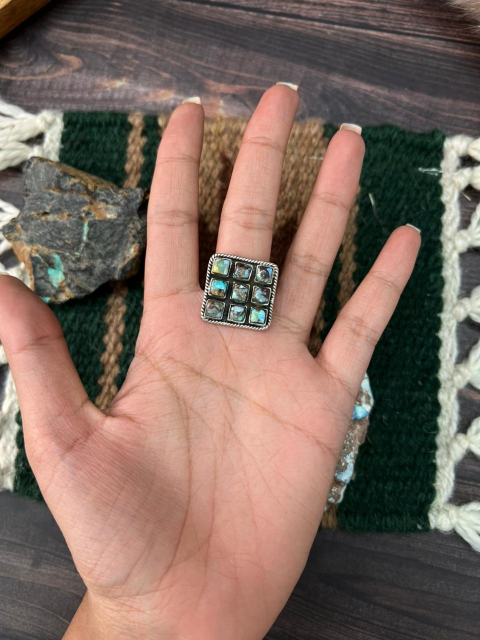 Handmade Sterling Silver Matrix Golden Hills Turquoise Adjustable Ring "Signed Nizhoni"