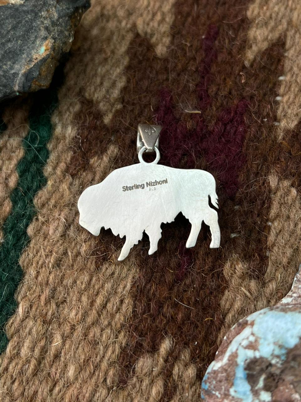 Handmade Sterling Silver Kingman Turquoise Bison Pendant "Signed Nizhoni"