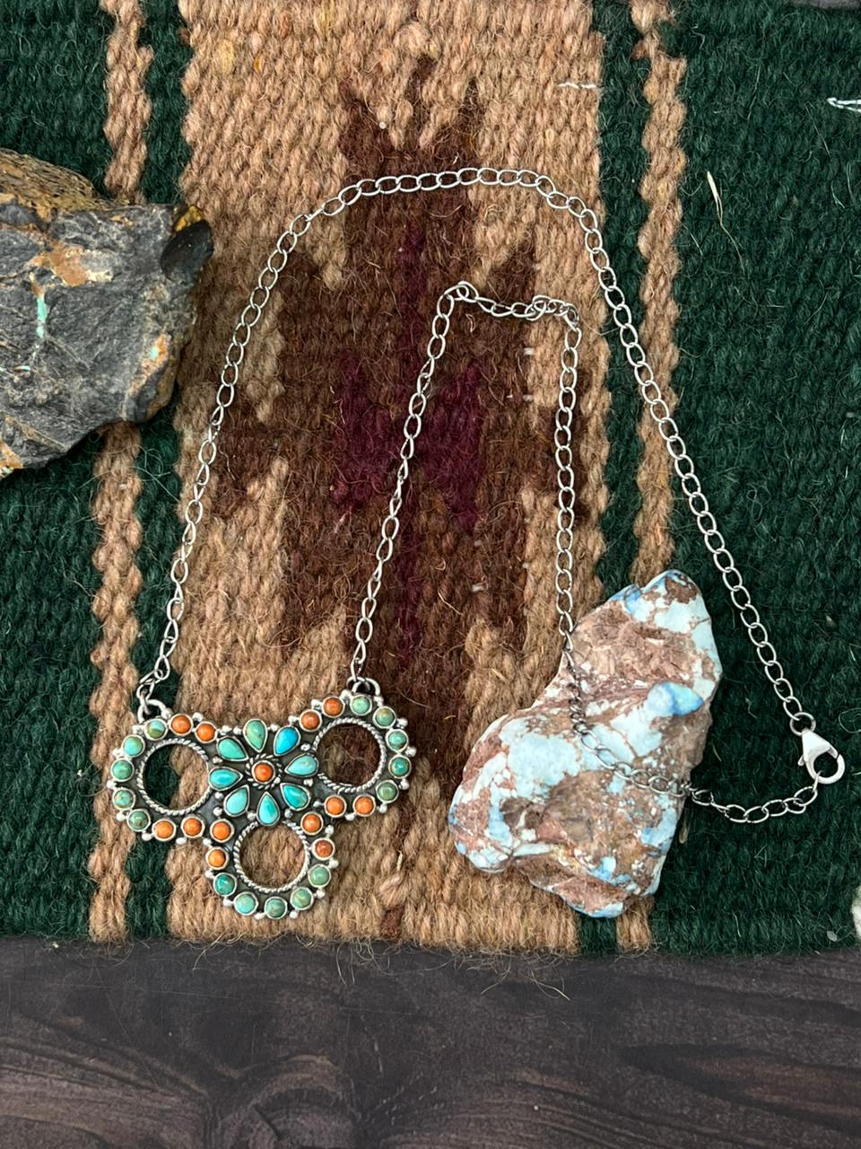 Handmade Sterling Silver Kingman Turquoise with Orange Mojave Necklace "Signed Nizhoni"